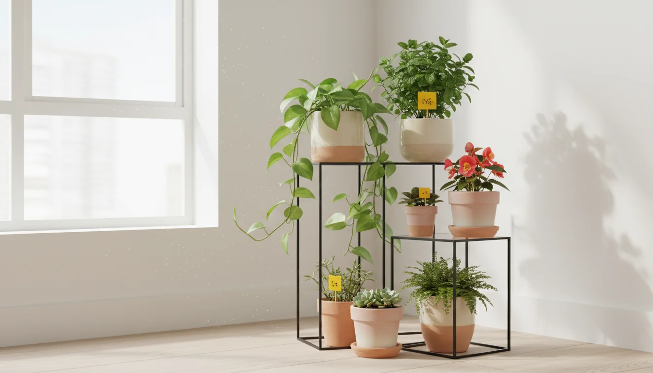 A black metal plant stand displays various potted houseplants, including a Pothos and mint, with yellow sticky traps visible among the leaves.
