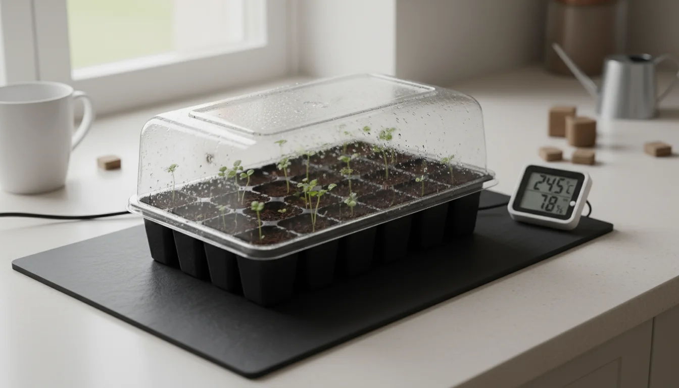 A black seedling heat mat on a kitchen counter with a clear dome covering a seed tray, showing delicate green sprouts.