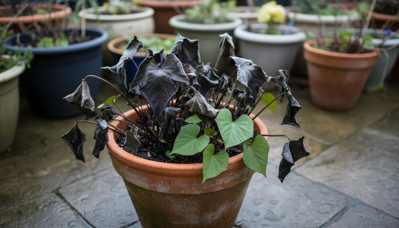 Blackened, frost-damaged sweet potato leaves in a terracotta pot on a patio, with a few healthy green leaves beneath.