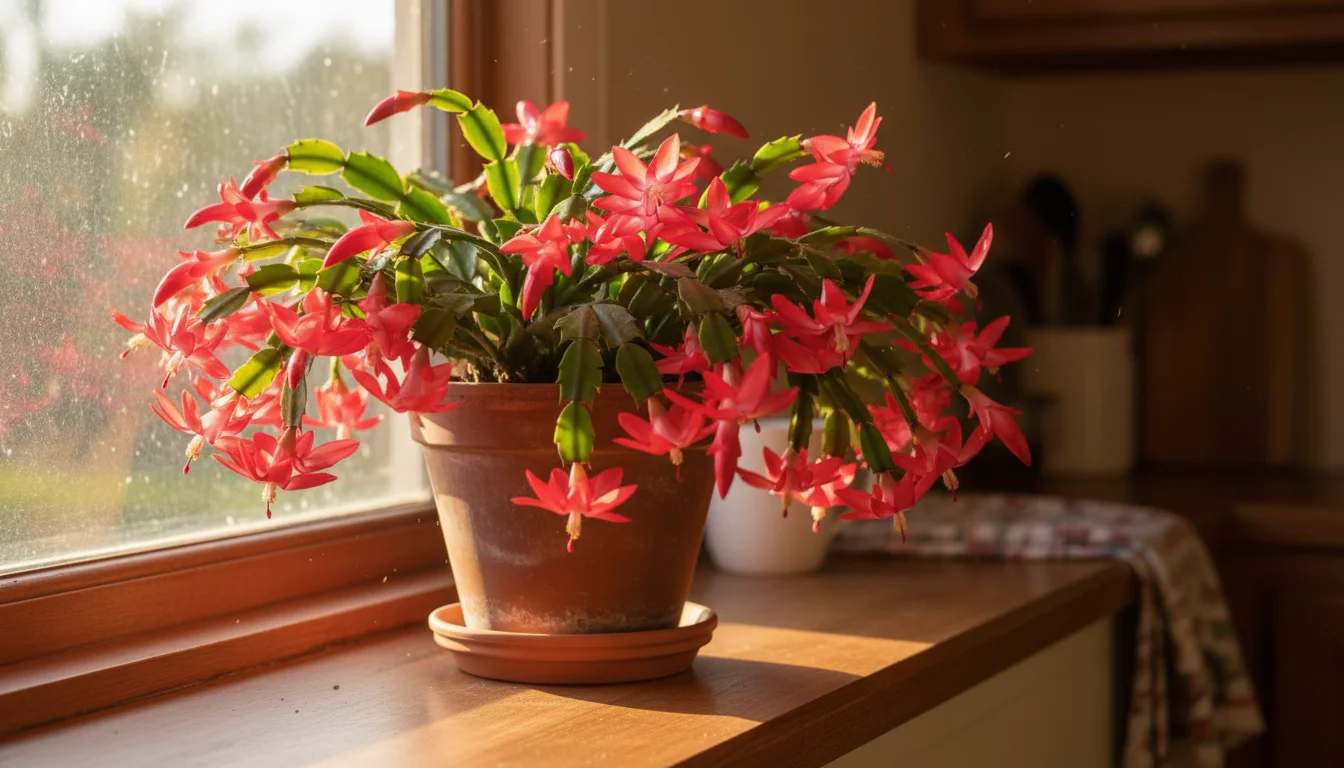 A blooming Christmas Cactus with red-pink flowers in a terracotta pot on a bright kitchen windowsill, bathed in soft morning light.