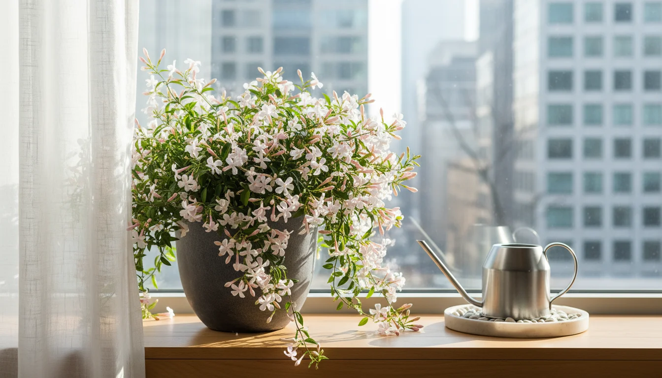 Blooming Pink Jasmine in a modern pot on a bright urban windowsill, with a sheer curtain, watering can, and pebble tray.