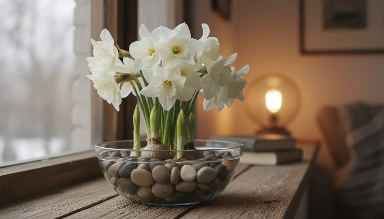 Blooming white paperwhite narcissus flowers in a clear glass bowl with pebbles on a wooden windowsill.