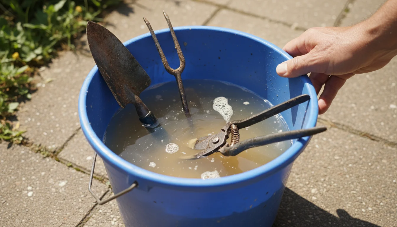 A blue bucket of soapy water on a patio contains soaking metal garden tools, with an ungloved hand holding a scrubbing brush.