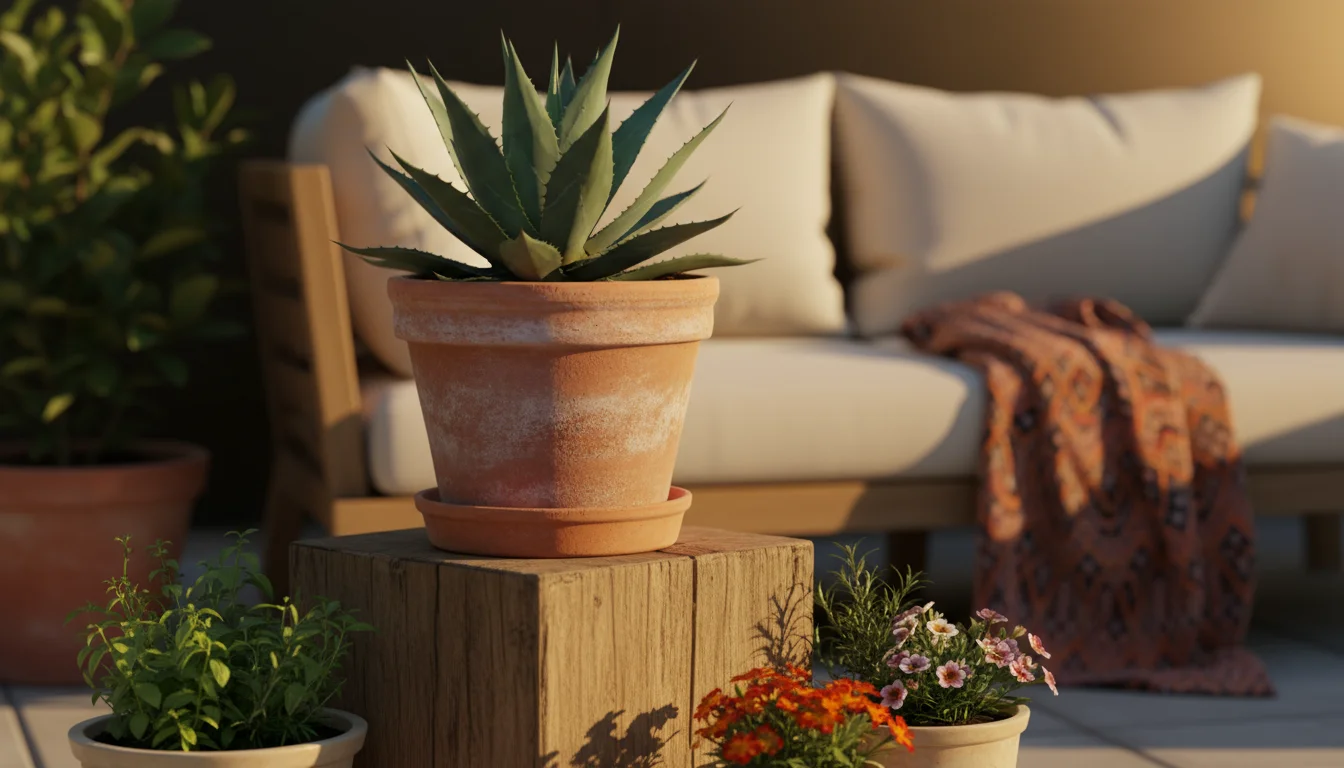 A blue-green Agave plant in a large terracotta pot on a wooden stool, surrounded by smaller plants on a patio in warm sun.