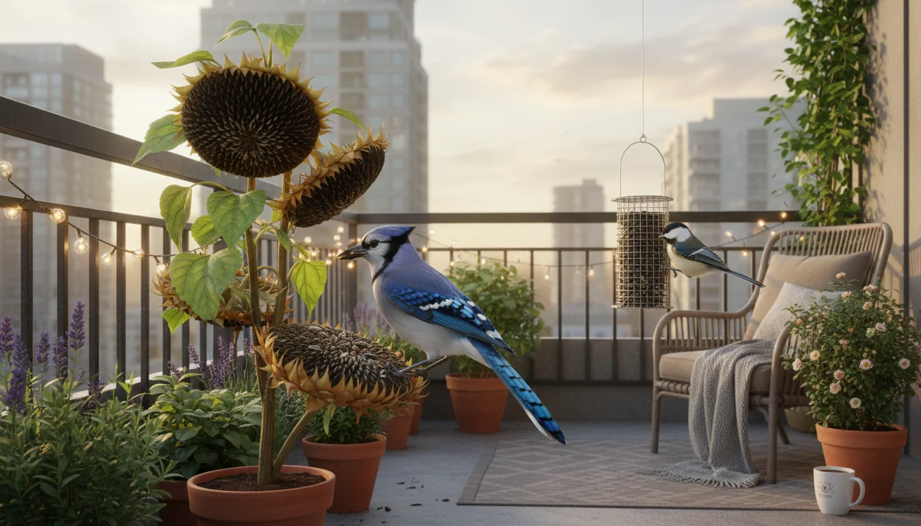 A blue jay feeds from a sunflower head feeder while a chickadee eats from a wire mesh feeder on a plant-filled balcony.