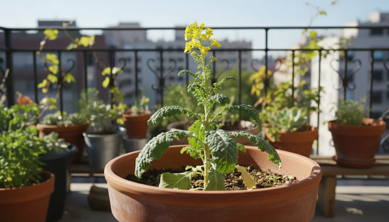A bolted kale plant with an elongated stem and yellow flowers in a terracotta pot on a sunny balcony, its lower leaves showing heat stress.