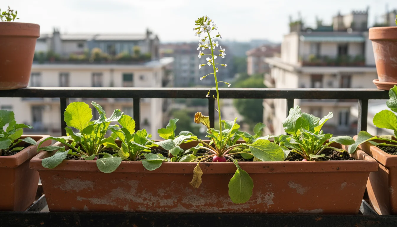 A bolted radish plant with a tall flower stalk and tiny white flowers, contrasting with healthy green radish leaves in a terracotta window box on a ba