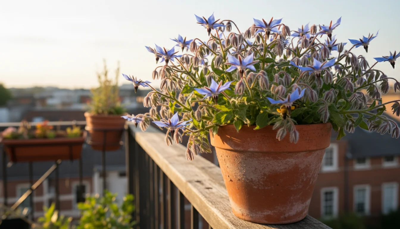 A borage plant with star-shaped blue flowers in a terracotta pot on a balcony railing, with a bee foraging on a bloom.