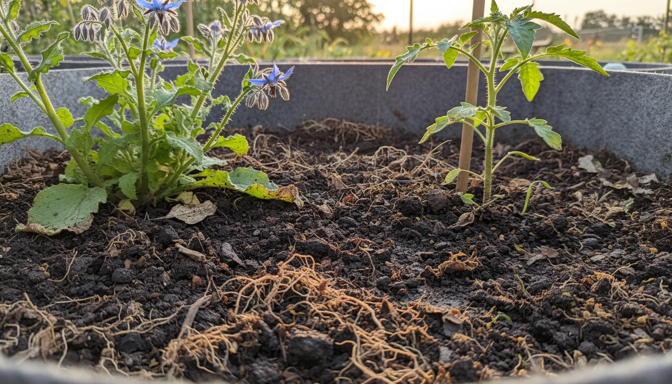 Close-up of a borage plant and a young tomato plant growing together in a fabric grow bag, showing healthy, dark soil.