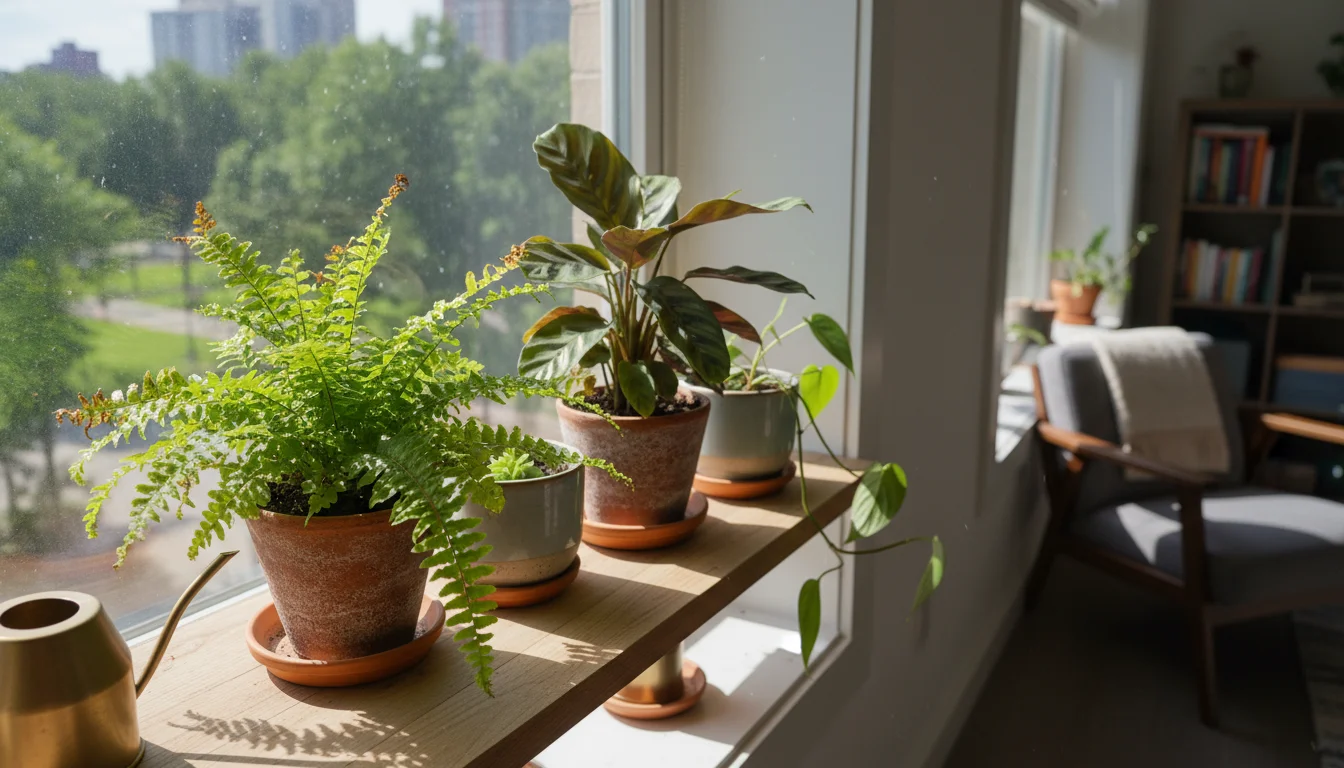 A Boston fern with brown, crispy frond tips, a Calathea with browning leaf edges, and a droopy Philodendron on a plant shelf.