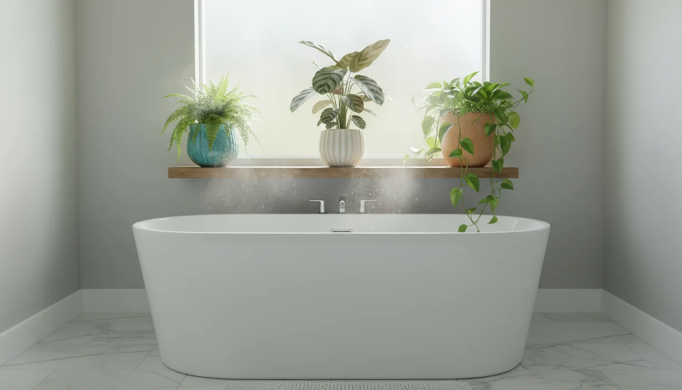 A Boston fern, Calathea, and Pothos sit on a wooden shelf above a bathtub, with soft light from a frosted window.