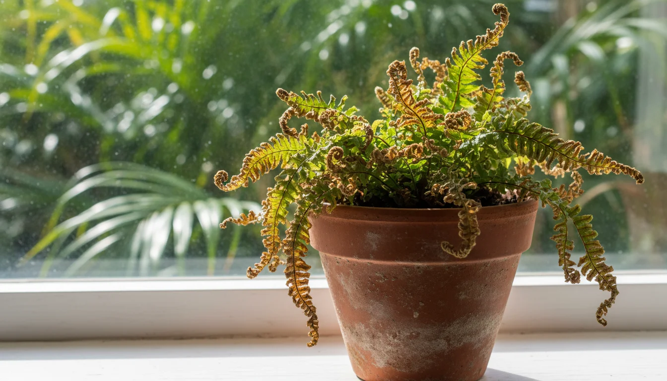 Close-up of a Boston fern in a terracotta pot with browning, crispy fronds, indicating severe dryness from indoor air.