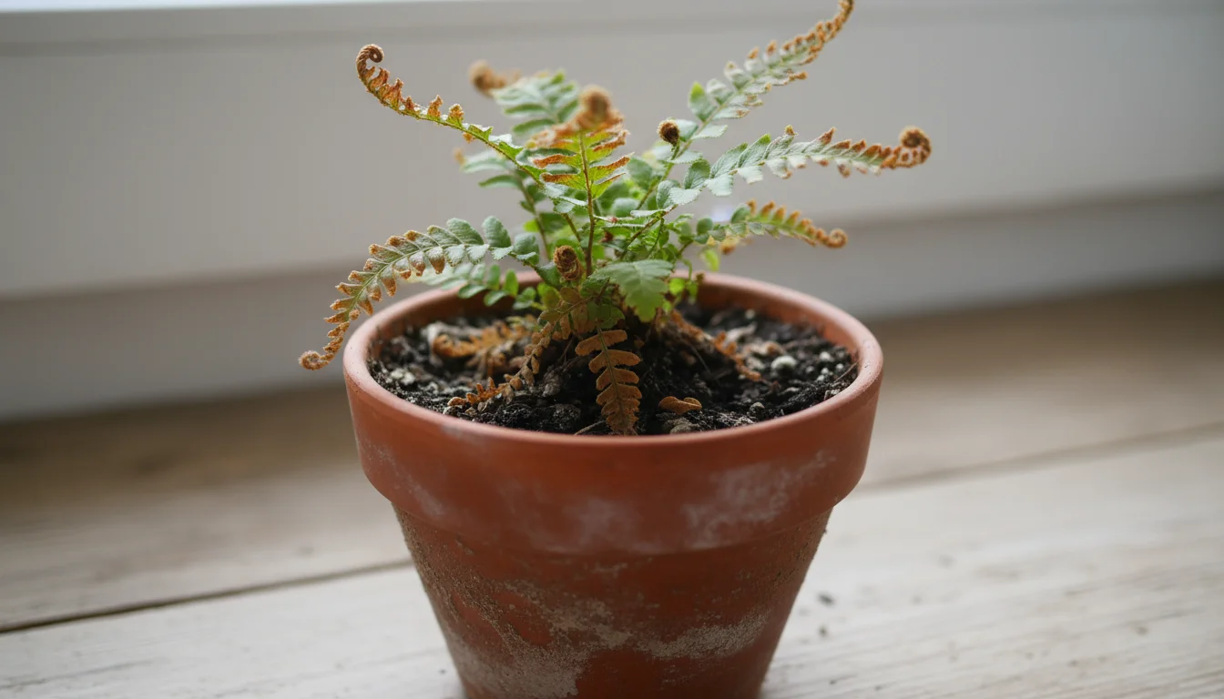 Close-up of a Boston Fern in a terracotta pot with fronds showing brown, crispy tips and dried fallen pieces on the soil.