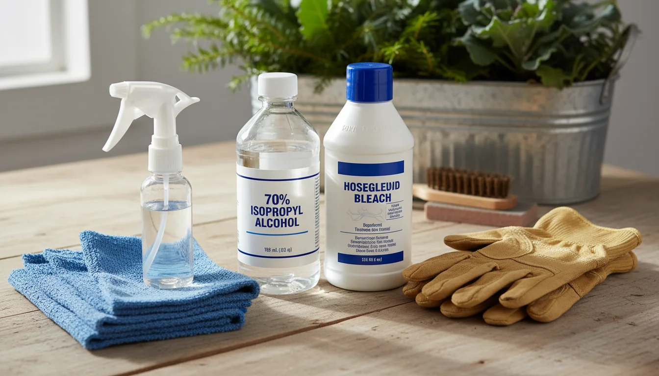 Bottles of isopropyl alcohol and bleach, with a spray bottle, rags, and gloves on a wooden table, hinting at a container garden.