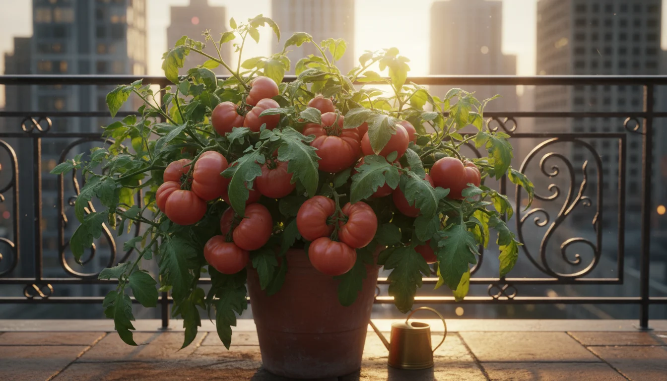 A 'Brandywine' tomato plant in a terracotta pot on a balcony, laden with many ripe, pinkish-red heirloom tomatoes.