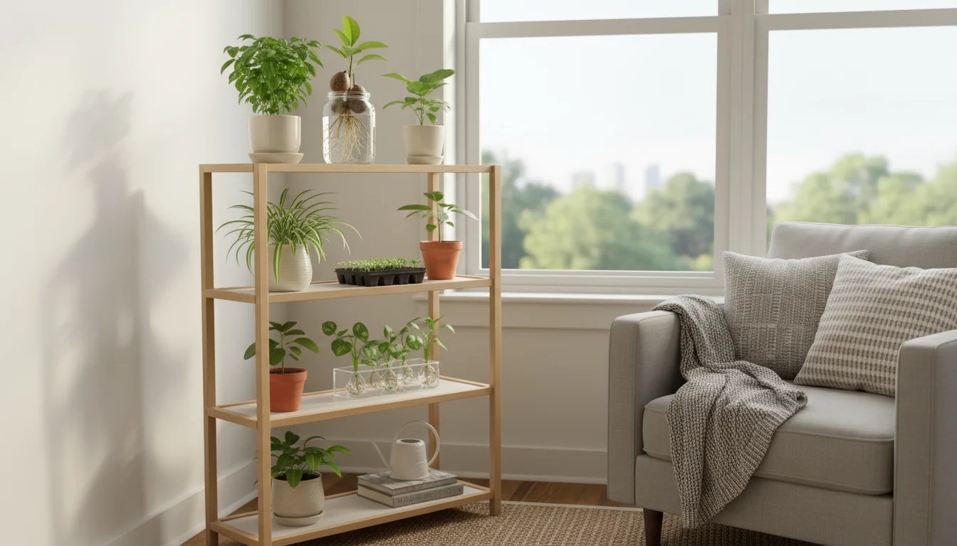 A bright apartment corner features a light wood shelf displaying thriving young houseplants like basil and spider plants in various small pots. A gard