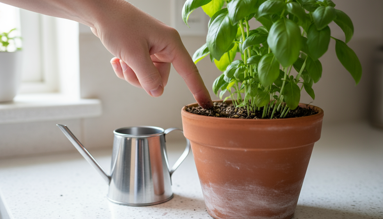 Indoor herb garden on a kitchen counter with an LED grow light illuminating potted basil, mint, and chives near a window.
