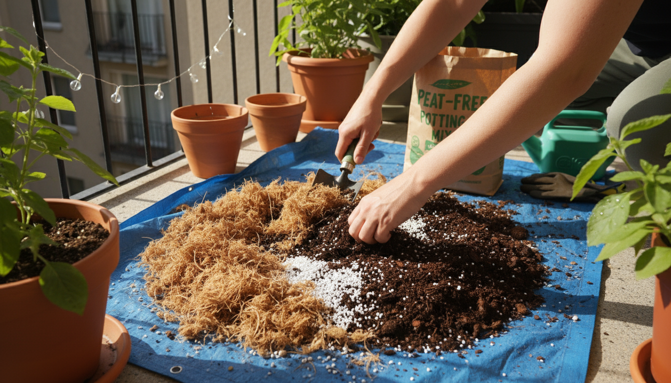 Medium-wide shot of a sunlit small apartment living room with three distinct medium-sized air-purifying plants, including a snake plant and a cascadin