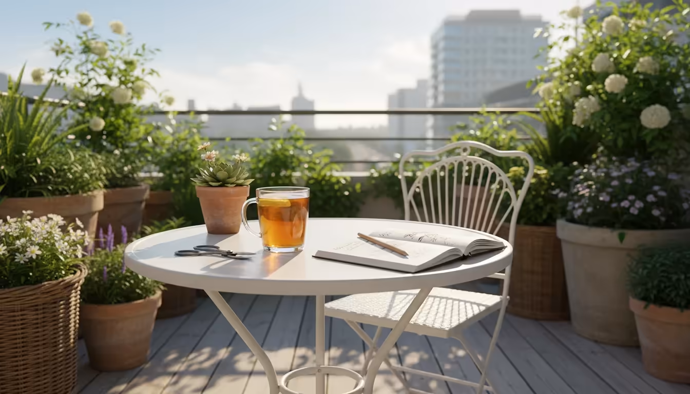 A bright balcony bistro table with a gardening journal, iced tea, and tools, with lush container gardens featuring edible groundcovers in the backgrou