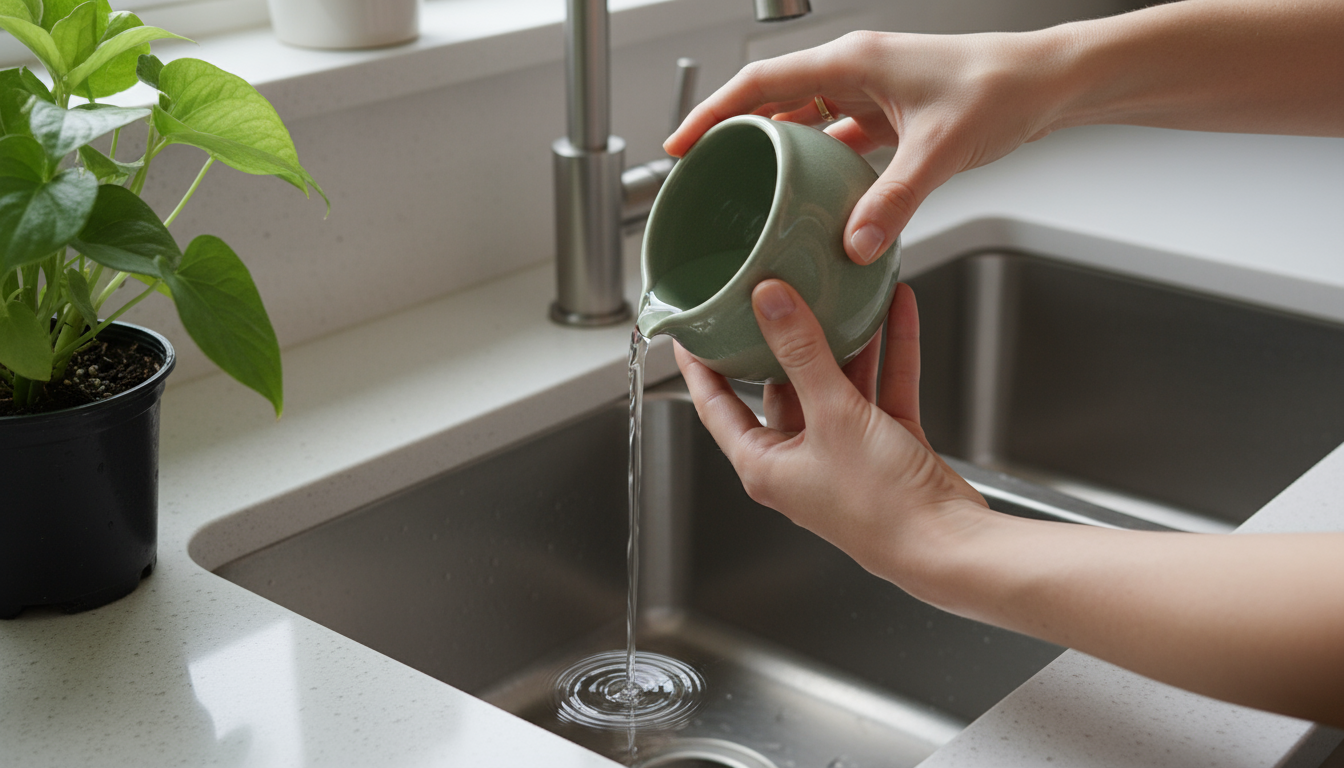 Several potted houseplants elevated on red bricks inside a white bathtub with shallow water, a vacation watering strategy.