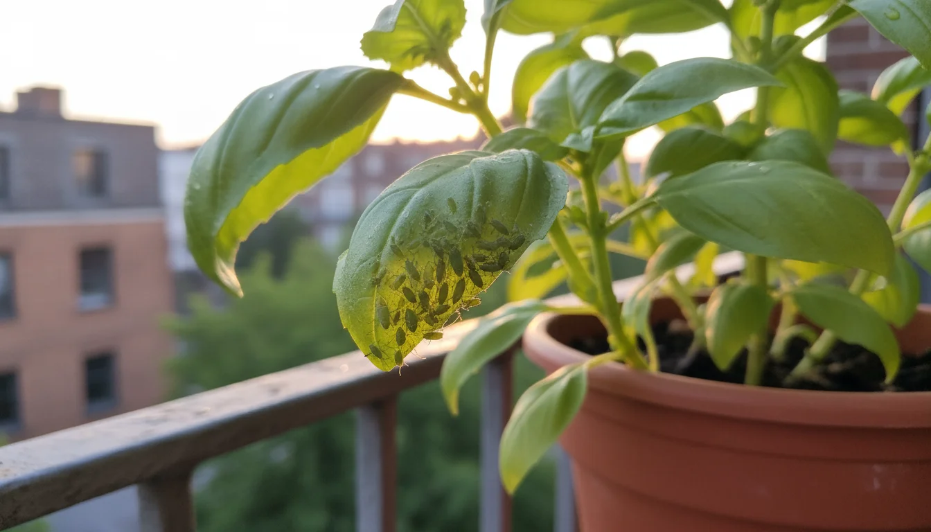 Close-up macro shot of bright green aphids clustered on the underside of a basil leaf in a terracotta pot on a sunny balcony.