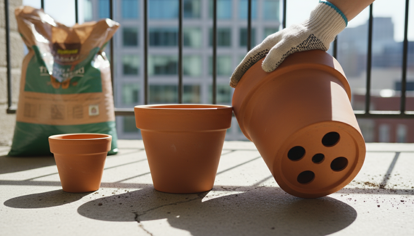 A neat collection of houseplant care items: various small pots, potting mix, fertilizer, mini tools, and healthy potted plants on a wooden table.
