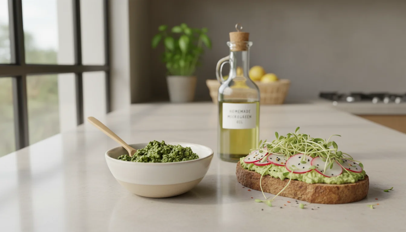 Bright kitchen counter with a bowl of vibrant microgreen pesto, avocado toast topped with microgreens, and a microgreen vinaigrette bottle.