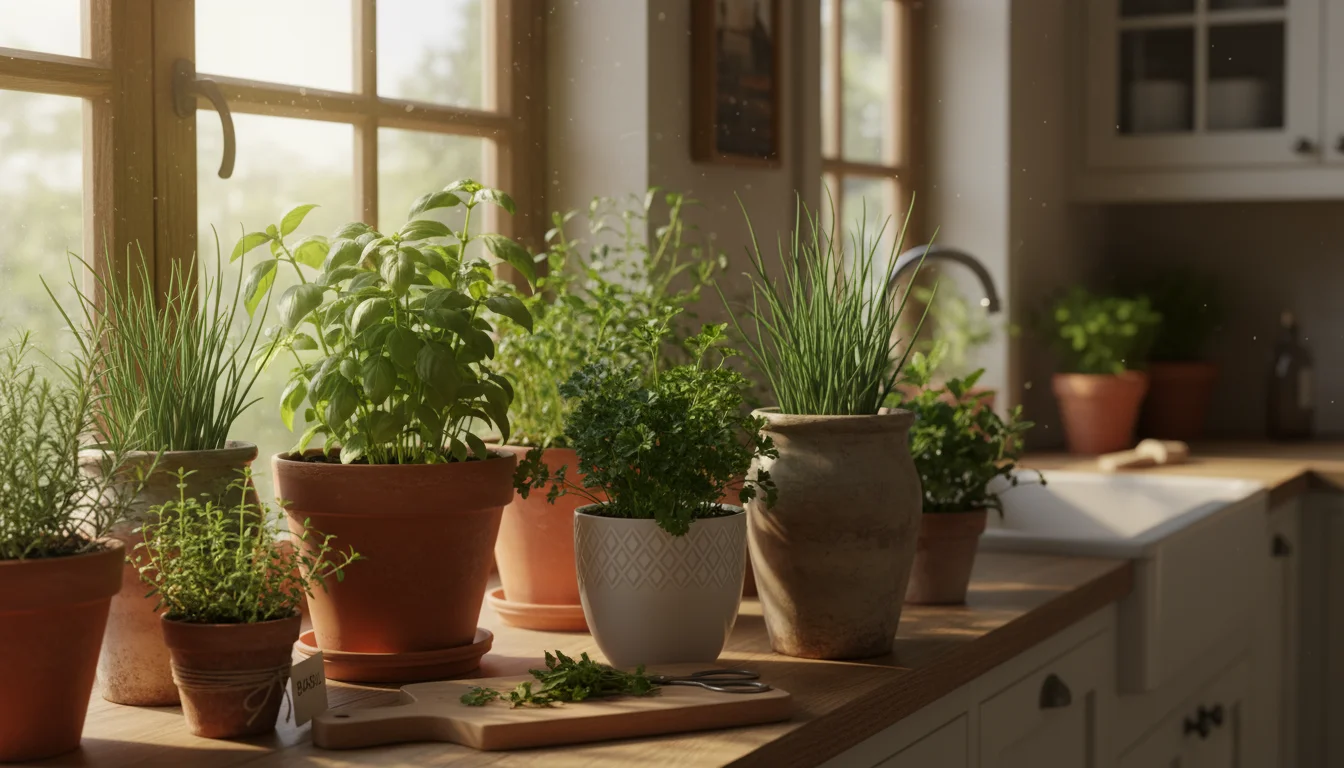 A bright kitchen windowsill features an indoor herb garden with basil, parsley, and chives in various pots, next to a small pile of freshly snipped he