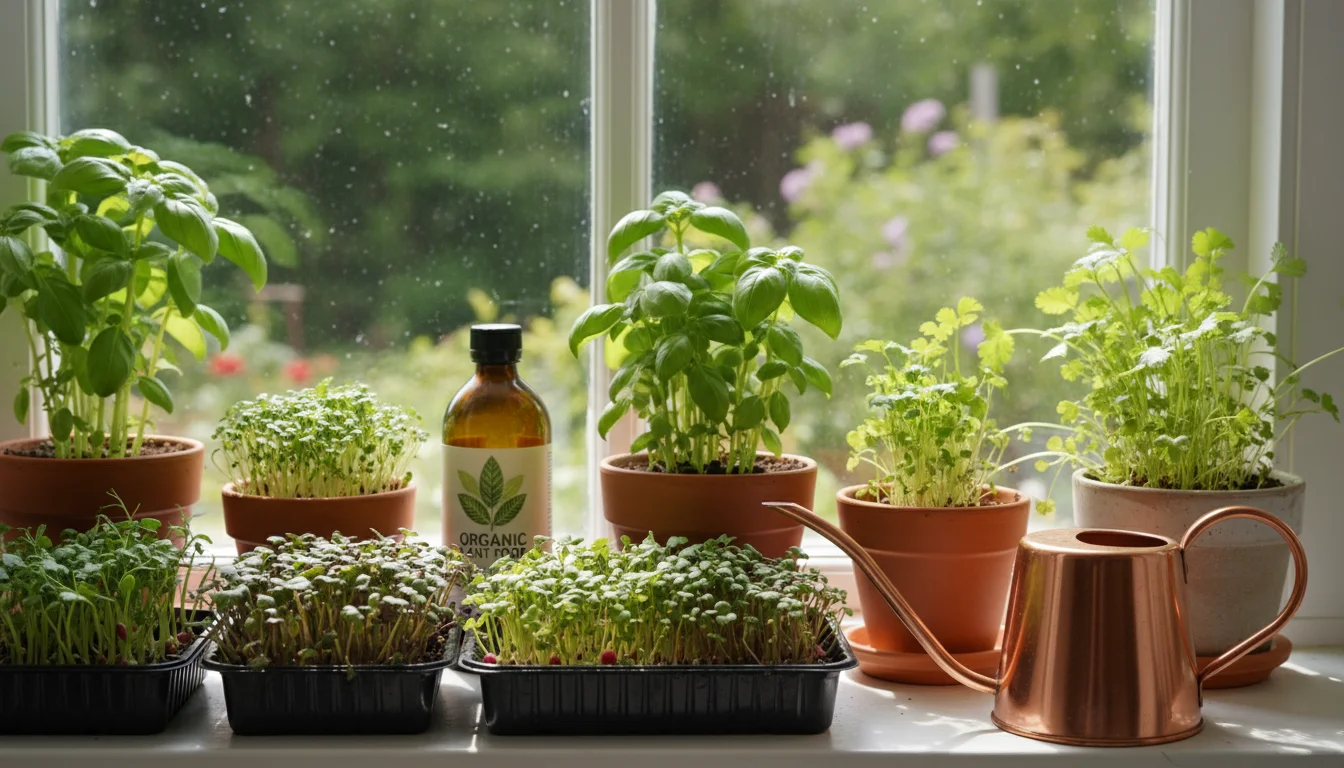 A bright kitchen windowsill features small pots of vibrant green microgreens and herbs, with a small watering can and fertilizer bottle.
