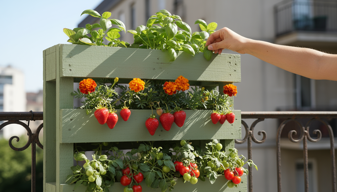 A young adult in a modern apartment installs the final module of a lush, professional-grade green living wall with visible irrigation.