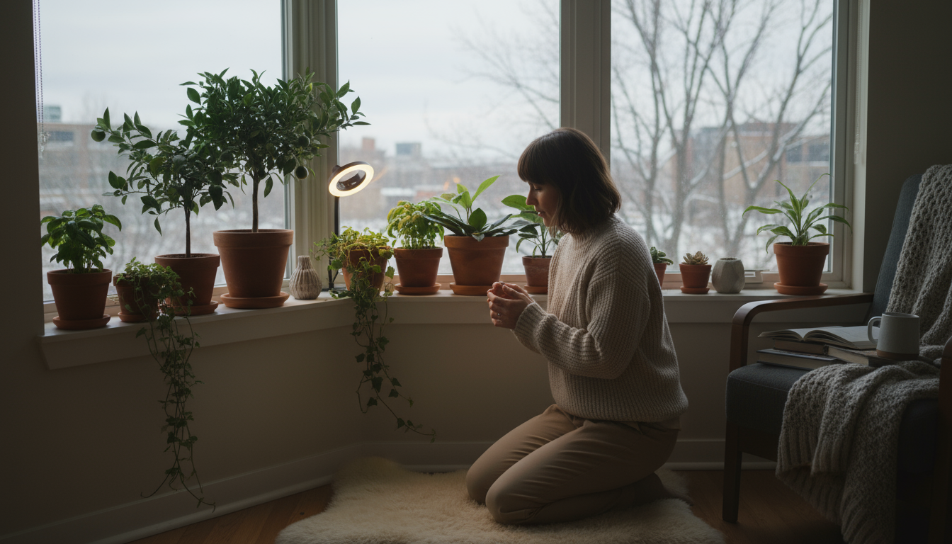 Two container plants on a balcony: a peace lily in a plastic pot with moist soil, and a snake plant in terracotta with dry soil. A hand checks the pla