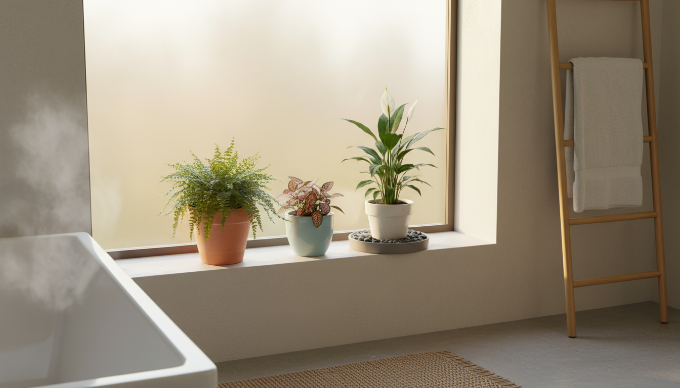 Healthy Snake Plant in a grey ceramic pot on a wooden table. New sofa and cleaning product container blurred in background.