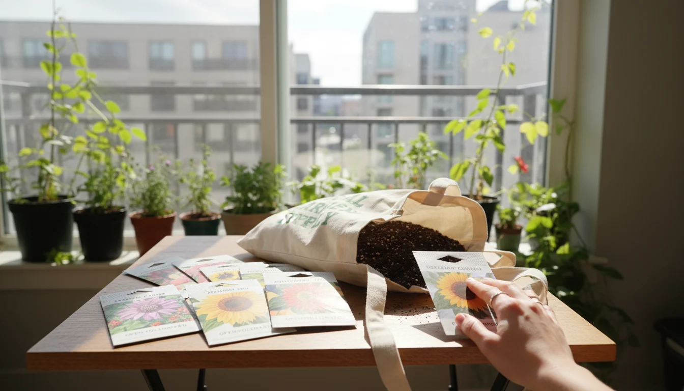Bright shot of organic seed packets and a local garden center tote bag with seed starting mix on a wooden table, implying mindful sourcing.