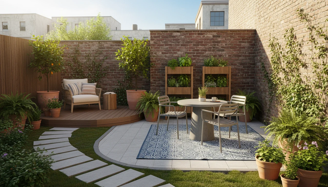 A bright, organized small L-shaped patio with a dining zone on a rug and a reading nook on a deck, connected by a clear paver pathway.