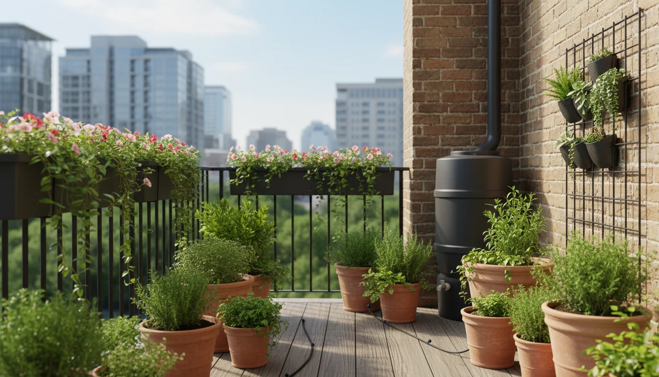 Bright patio garden with diverse container plants showing drip irrigation, a vertical planter, and a rain barrel with a watering can.