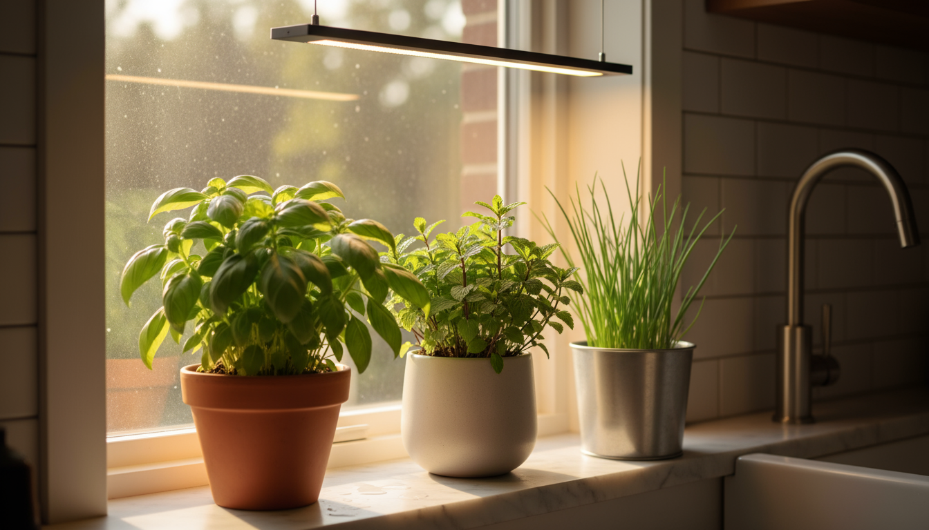 Vibrant potted herbs (basil, mint, chives) on a kitchen windowsill with natural sunlight and a sleek LED grow light strip.