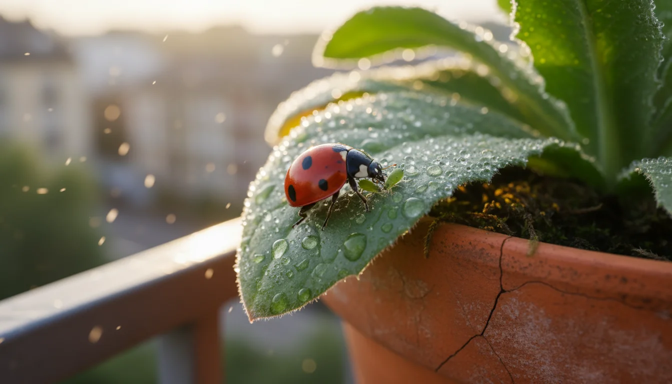 Macro photo: A bright red ladybug actively eating tiny green aphids on a dewy leaf of a container plant on an urban balcony.