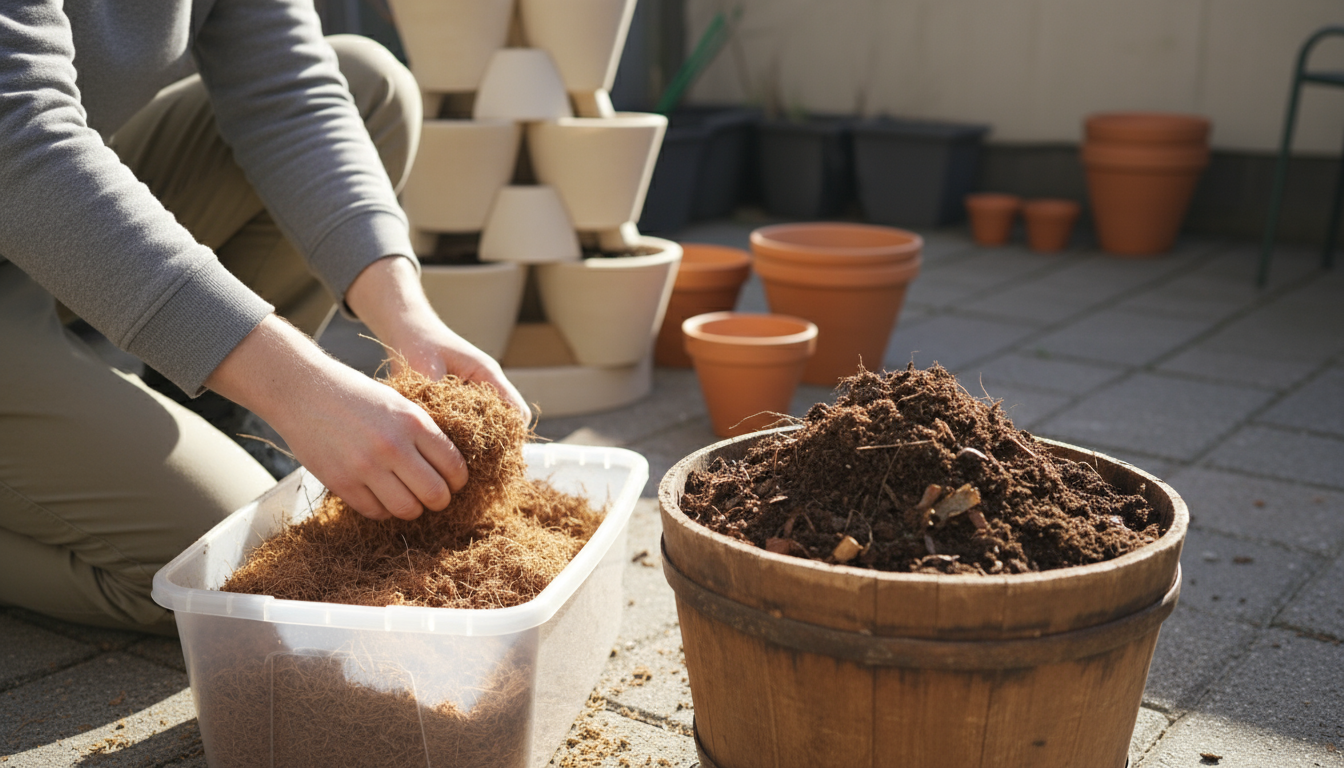 A young woman on a small, sun-dappled balcony assesses light, surrounded by varied empty and sparsely planted pots arranged with risers.