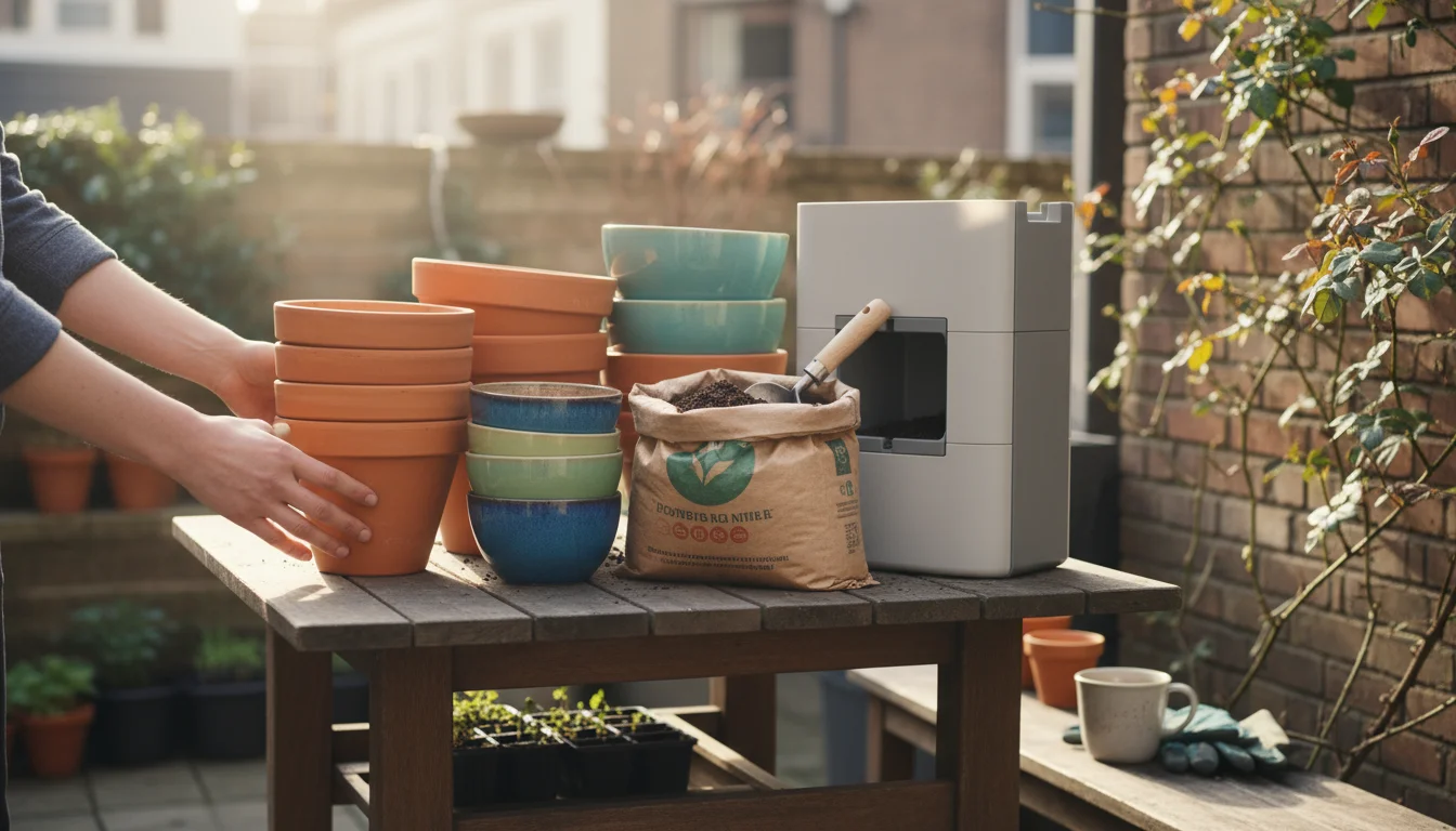 On a bright spring patio, clean stacked pots of various materials sit beside a potting mix bag as hands reach for one.
