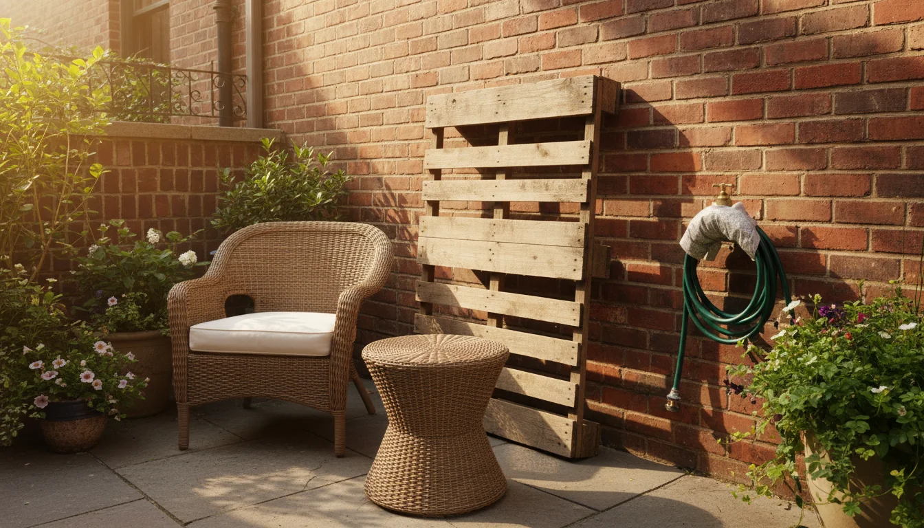 A bright, sun-drenched corner of a small patio with an empty wooden pallet leaning against a brick wall, near a seating area and water spigot.