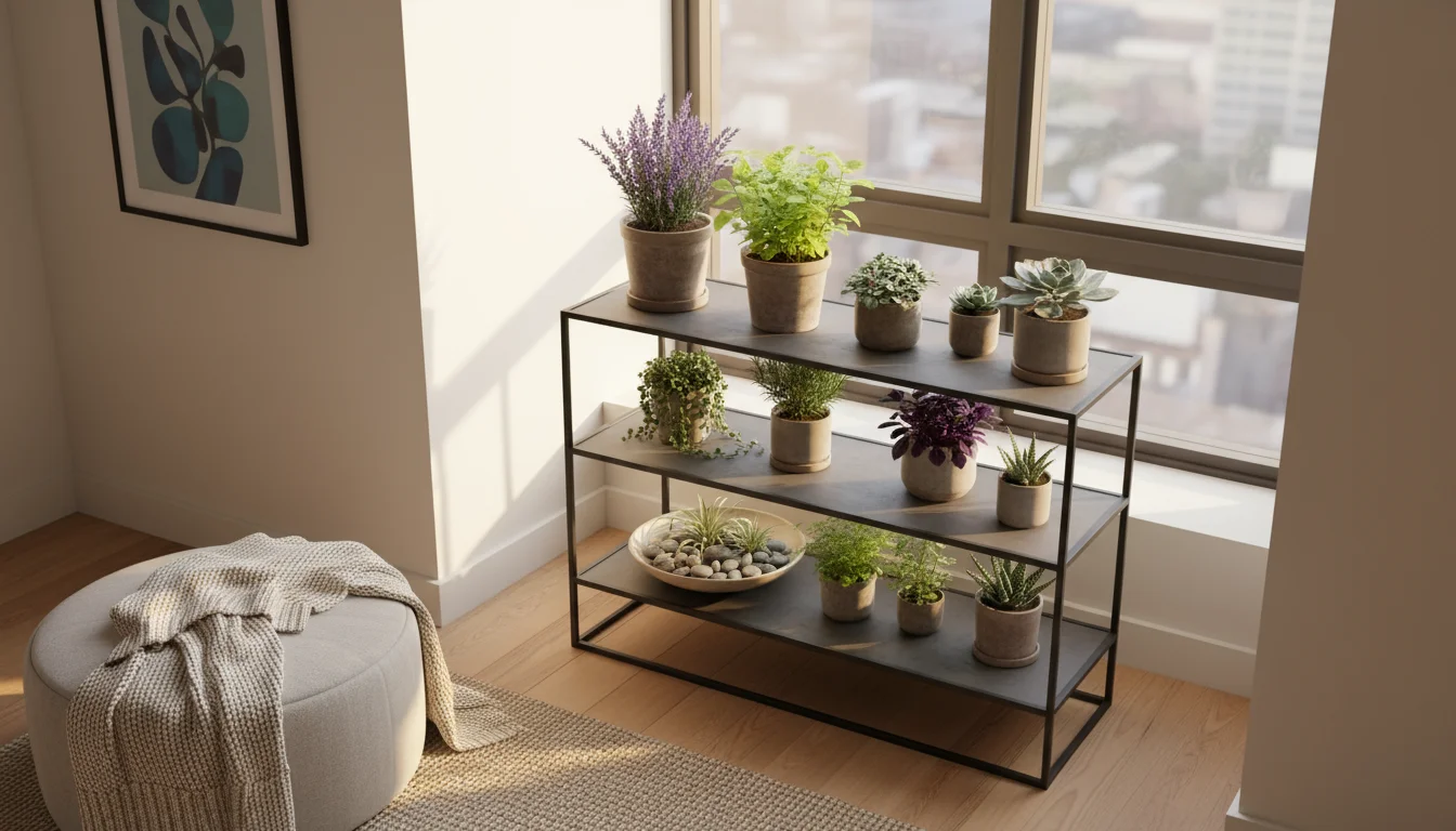 Bright tiered indoor garden with small potted sensory plants under a compact LED grow light, positioned by an open sunny window for light and air circ