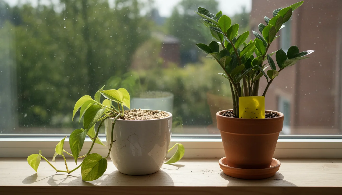 A bright, slightly elevated view of two houseplants on a light wood windowsill. The soil in one pot is visibly dry, and a yellow sticky trap is in the