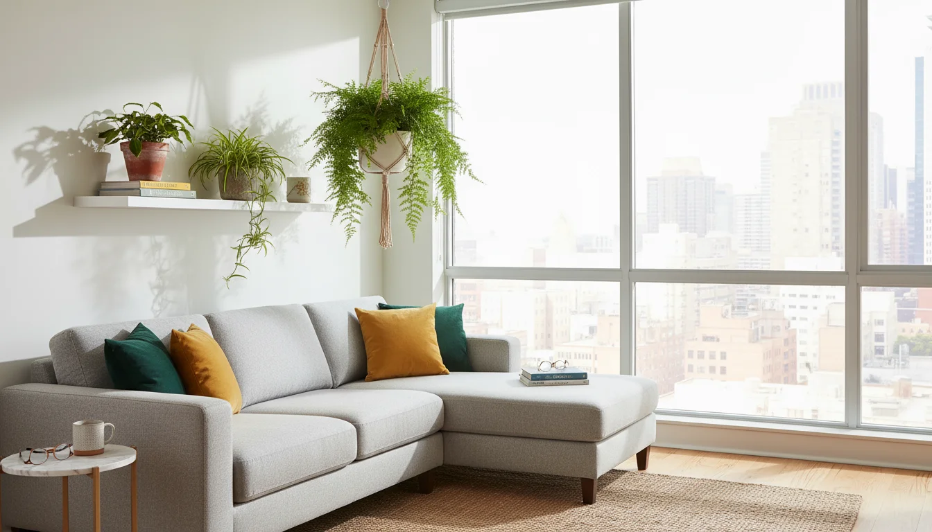 Bright urban living room corner with a ginger cat looking up at a hanging Boston fern, a spider plant on a wall shelf, and a Prayer plant on a stand.