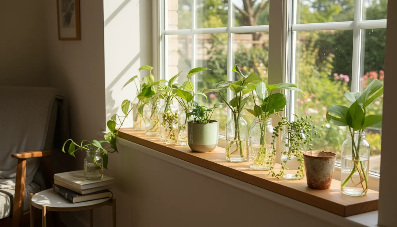A bright windowsill features various plant cuttings rooting in glass jars and ceramic pots on a long wooden tray. A potted succulent sits nearby.