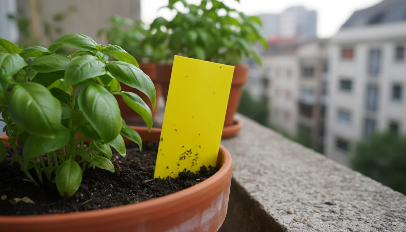 Bright yellow sticky trap positioned among green basil in a terracotta pot on a balcony, showing tiny insects caught on its surface.