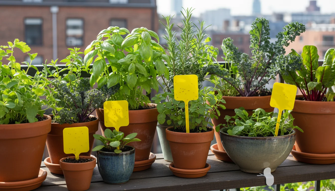 Bright yellow sticky traps positioned among various green container plants on a sunny urban balcony, with tiny insects subtly visible on the traps.
