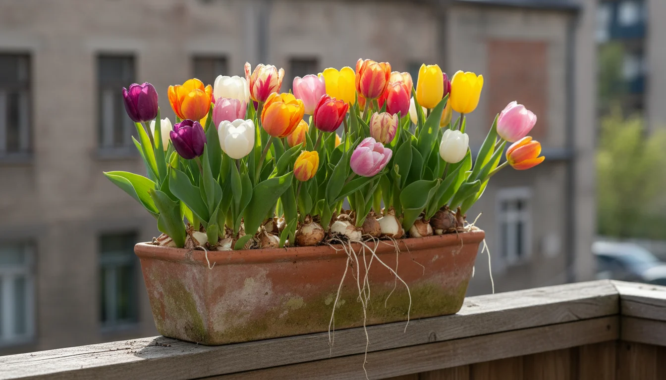 Brightly colored forced tulips burst with blooms from a rustic terracotta window box, set on a wooden urban balcony railing.