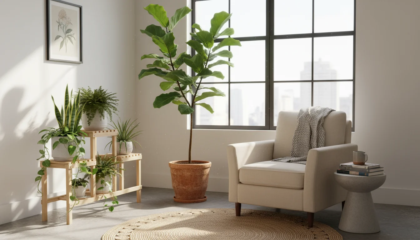 A brightly lit indoor corner with diverse houseplants. A tall Fiddle Leaf Fig near a sunny window, smaller plants under a sleek LED grow light.