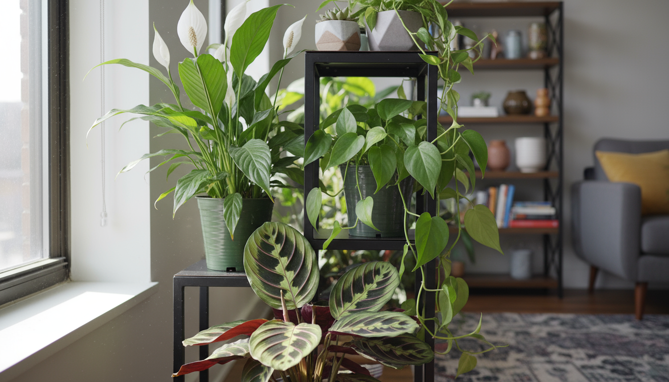 Three clear jars on a wooden table, containing dark coco coir, white perlite, and light brown vermiculite. A small scoop is nearby.