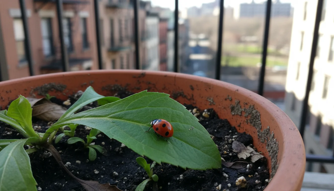 A brilliant red ladybug actively crawls across a vibrant green New England aster leaf in a terracotta pot on an urban balcony.